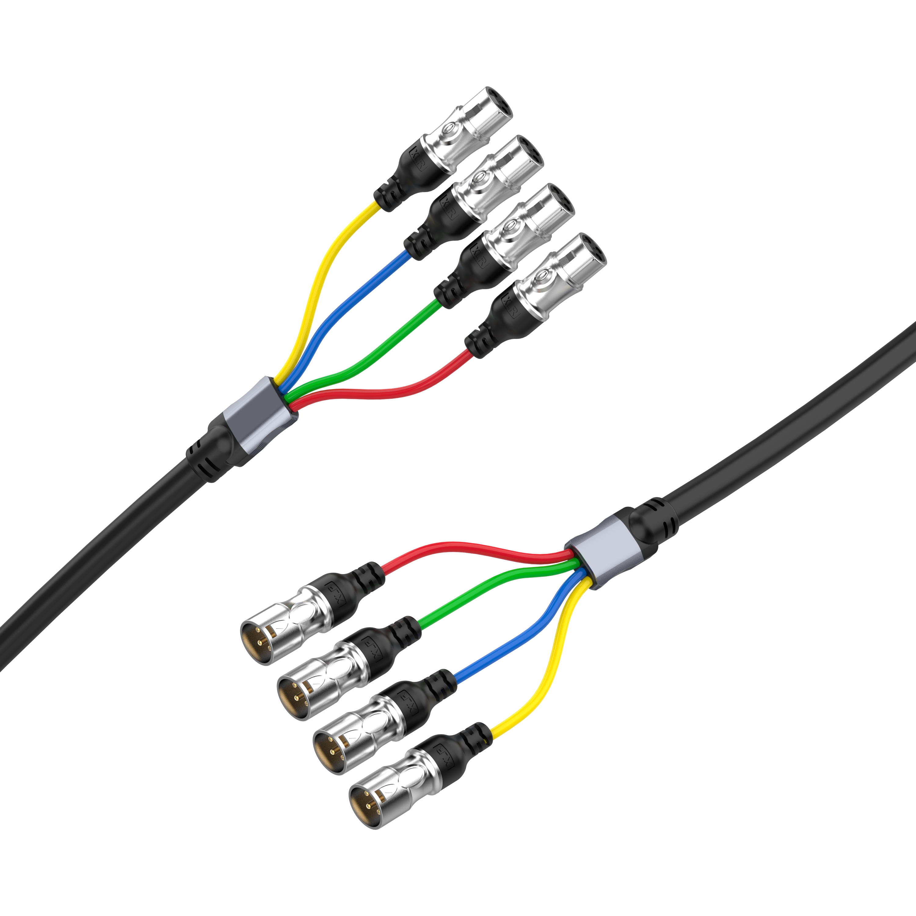4 channel XLR male to XLR female snake cable with colour coded fan out for professional live sound and studio audio routing