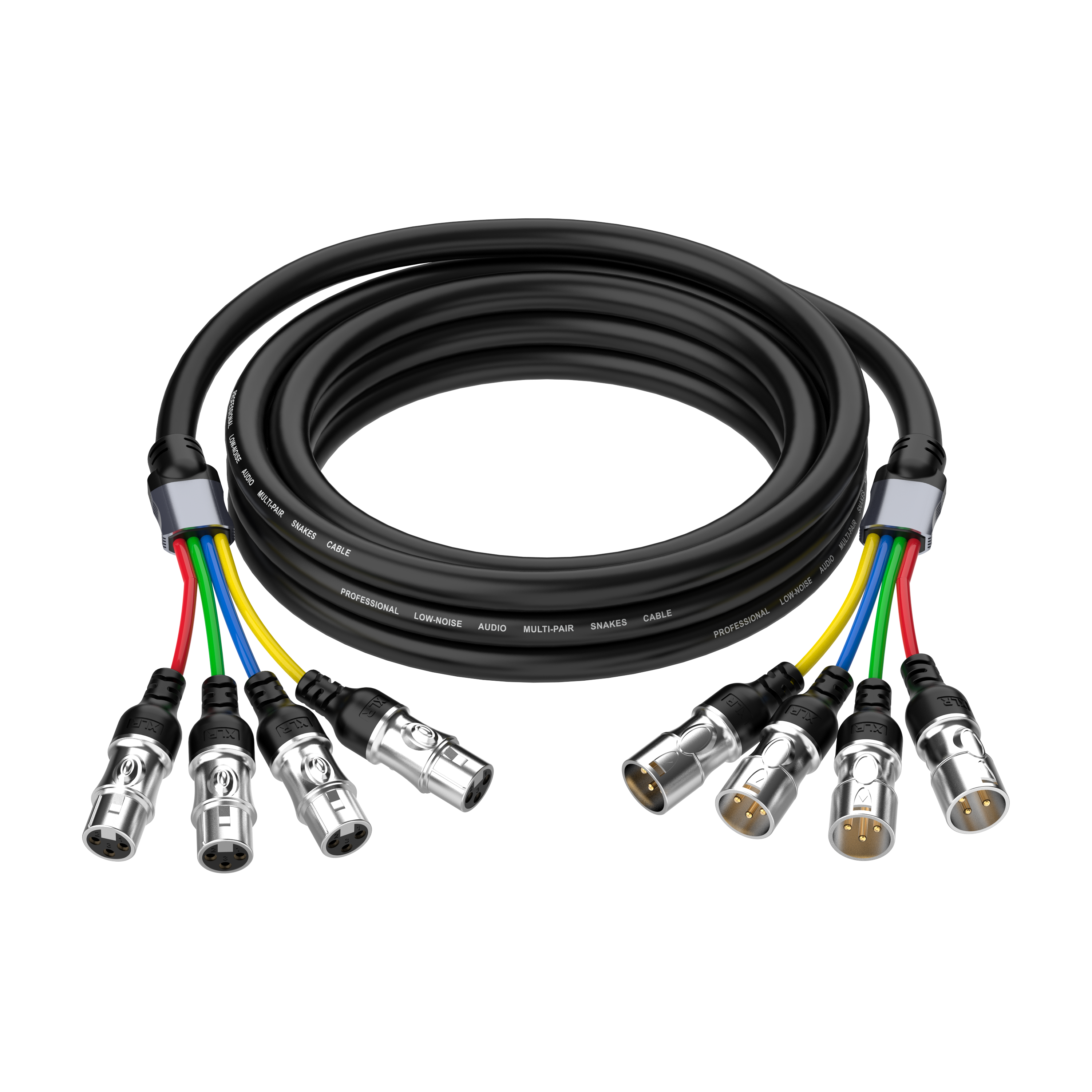 4 channel XLR male to XLR female snake cable with colour coded fan out for professional live sound and studio audio routing