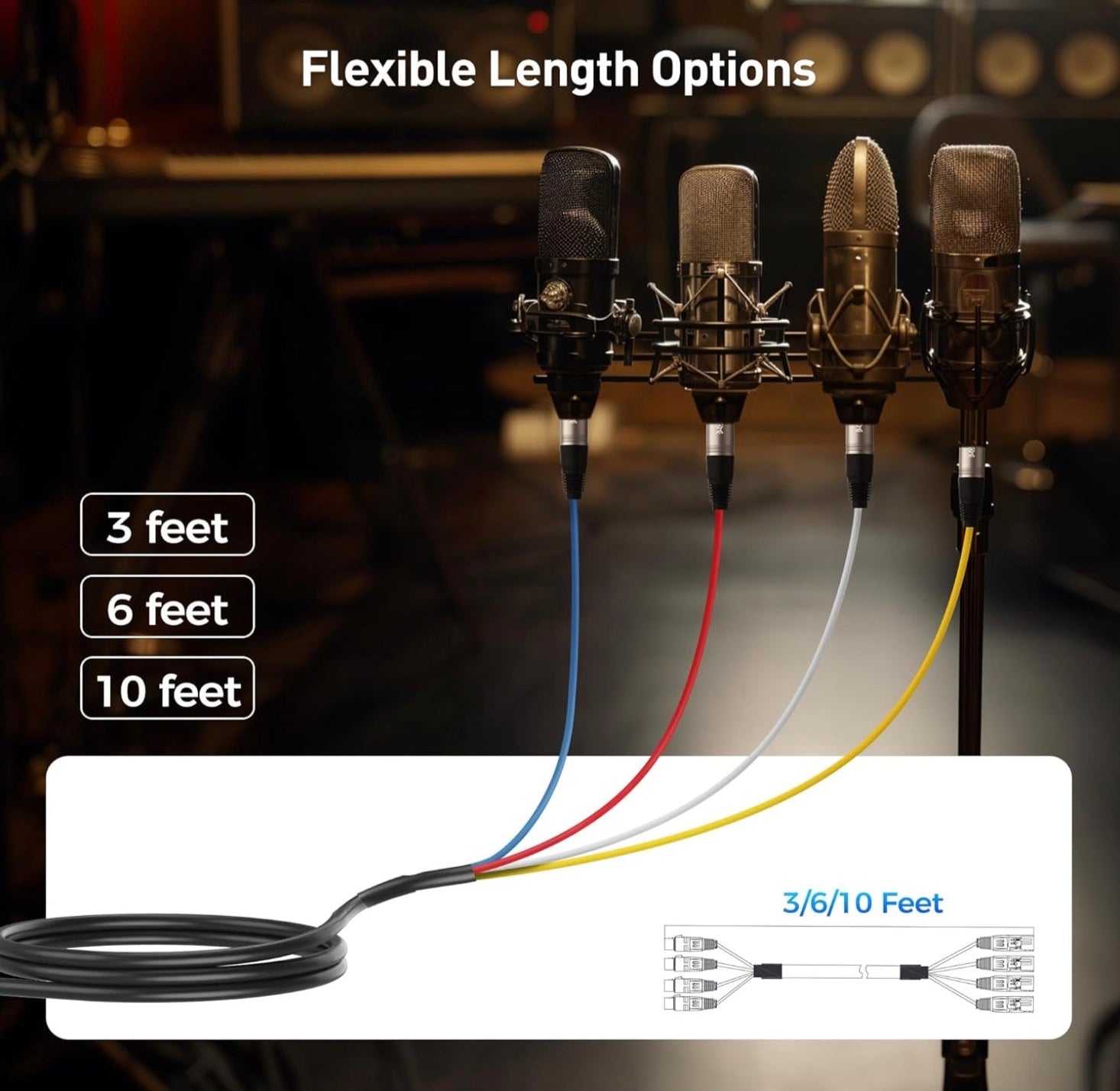 4 channel XLR male to XLR female snake cable with colour coded fan out for professional live sound and studio audio routing