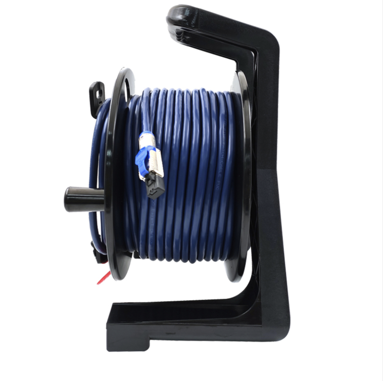 Black wire reel with blue cable on a white background