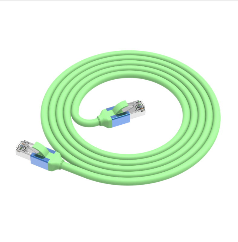 Green Ethernet cable with blue connectors on a white background