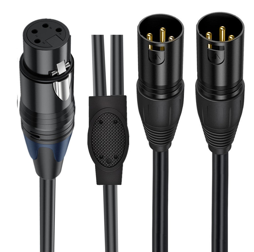Close-up of 4 pin XLR female and dual 3 pin XLR male connectors with gold-plated pins