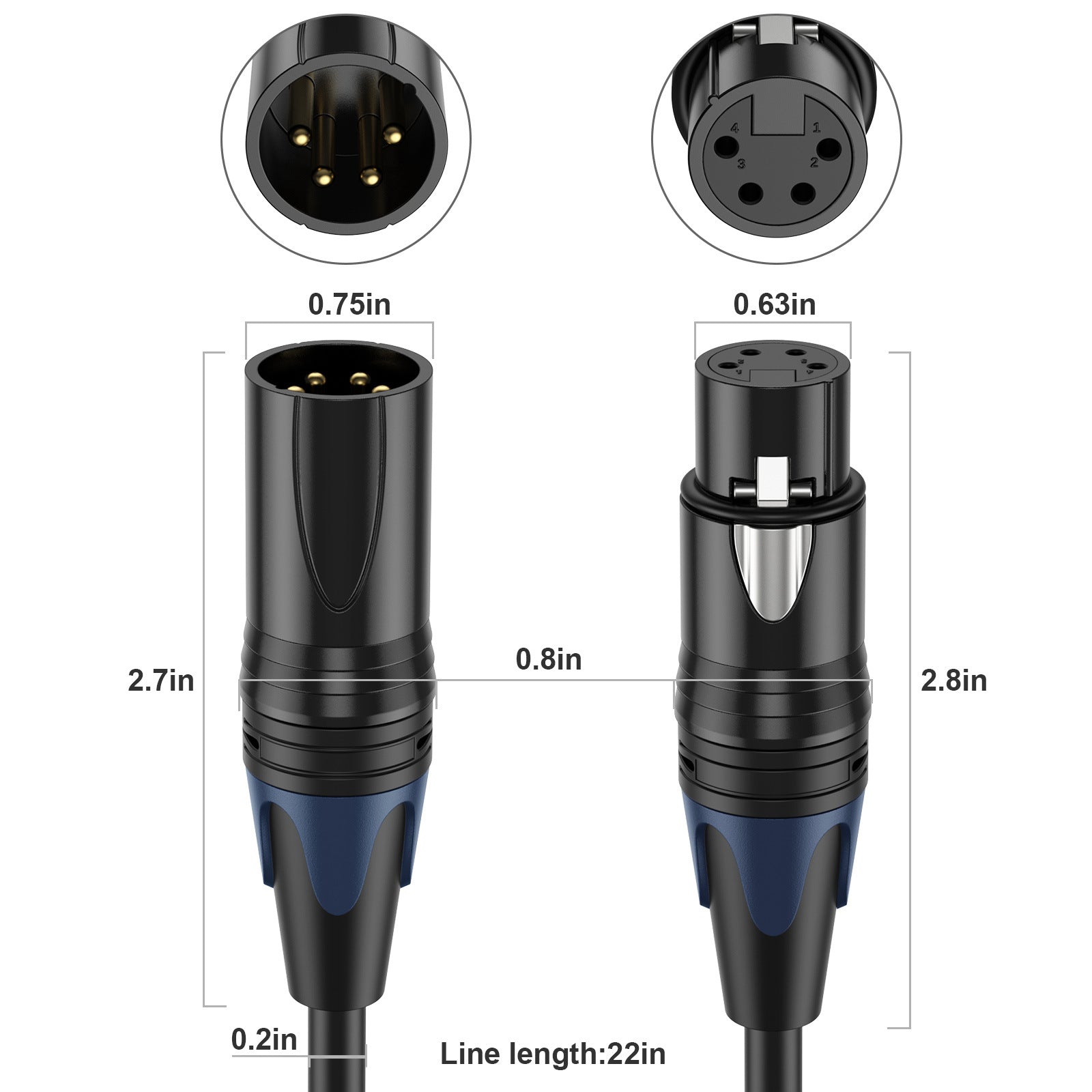 Measurement chart of XLR connectors with dimensions labeled.