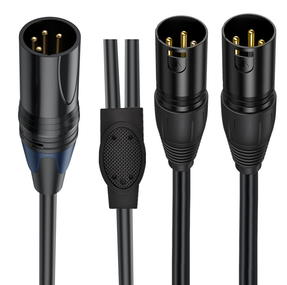 Close-up of 4 pin XLR male and dual 3 pin XLR male connectors with gold-plated pins