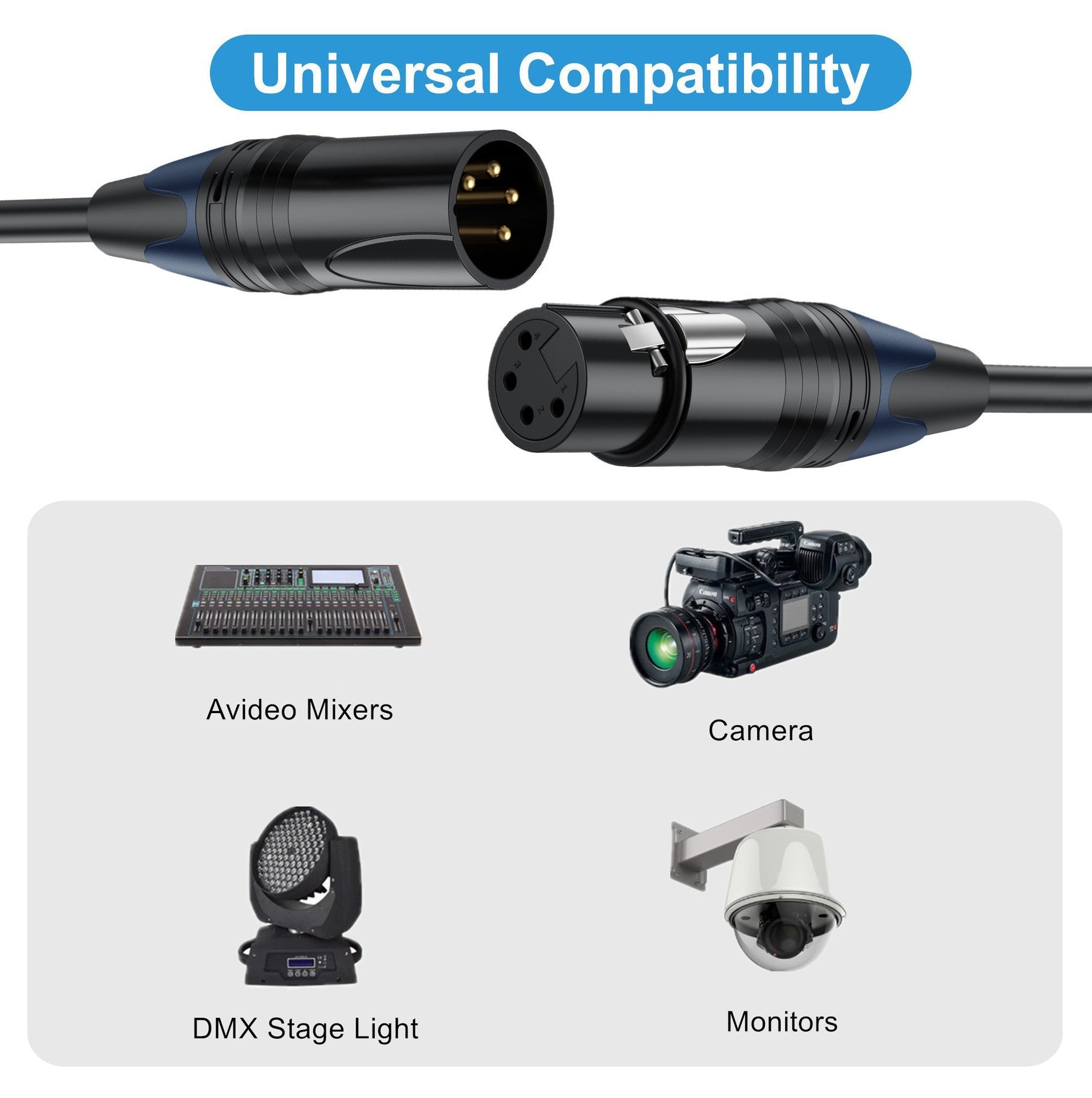 Two XLR connectors with electronic equipment icons below on a white background