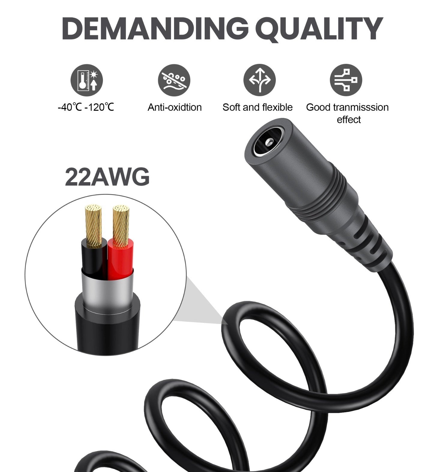 5.5mm x 2.1mm DC extension cable showing copper conductor construction