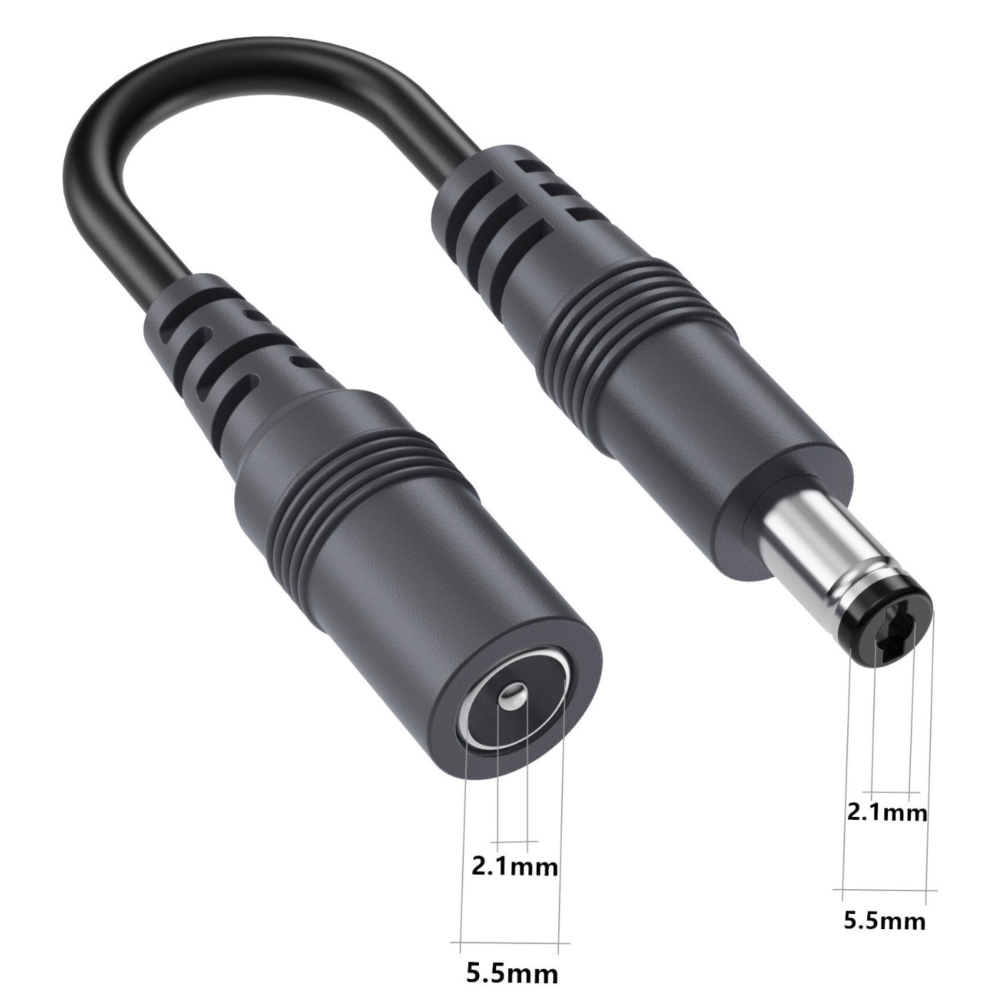 5.5mm x 2.1mm DC male to female extension cable with connector dimensions