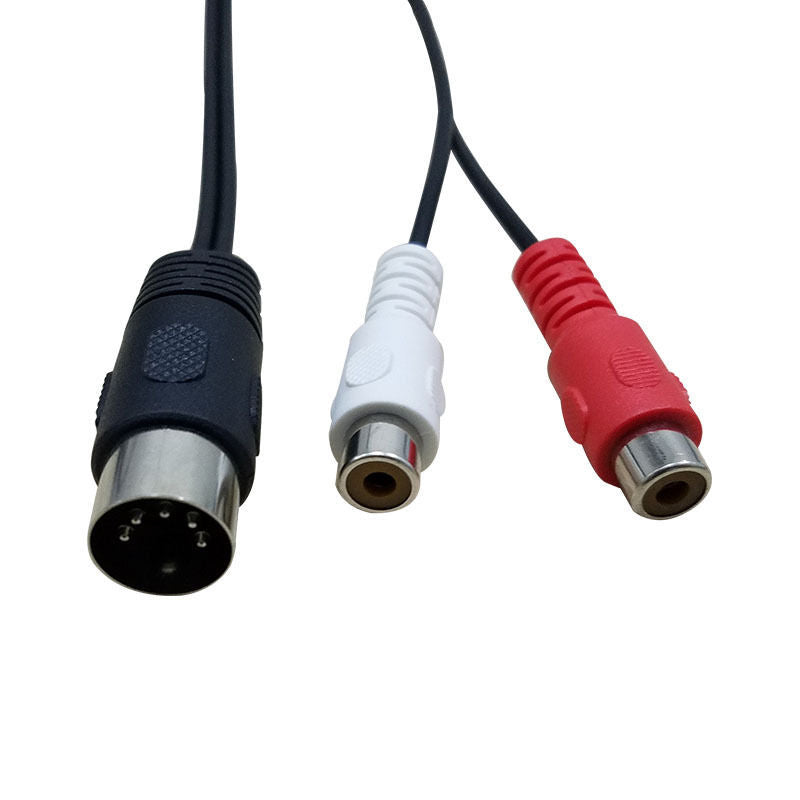 DIN to RCA stereo audio adapter cable with red and white phono sockets