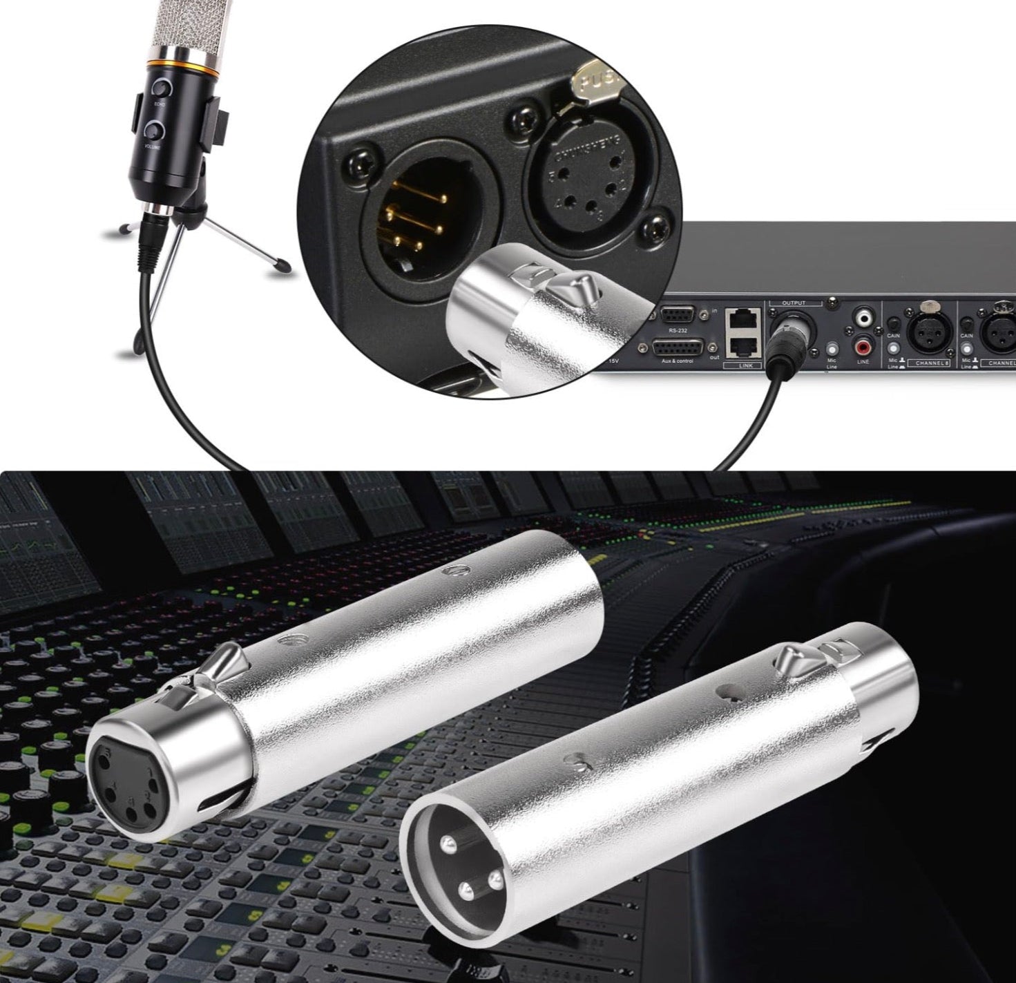 Silver cylindrical connectors with close-up of audio equipment port.