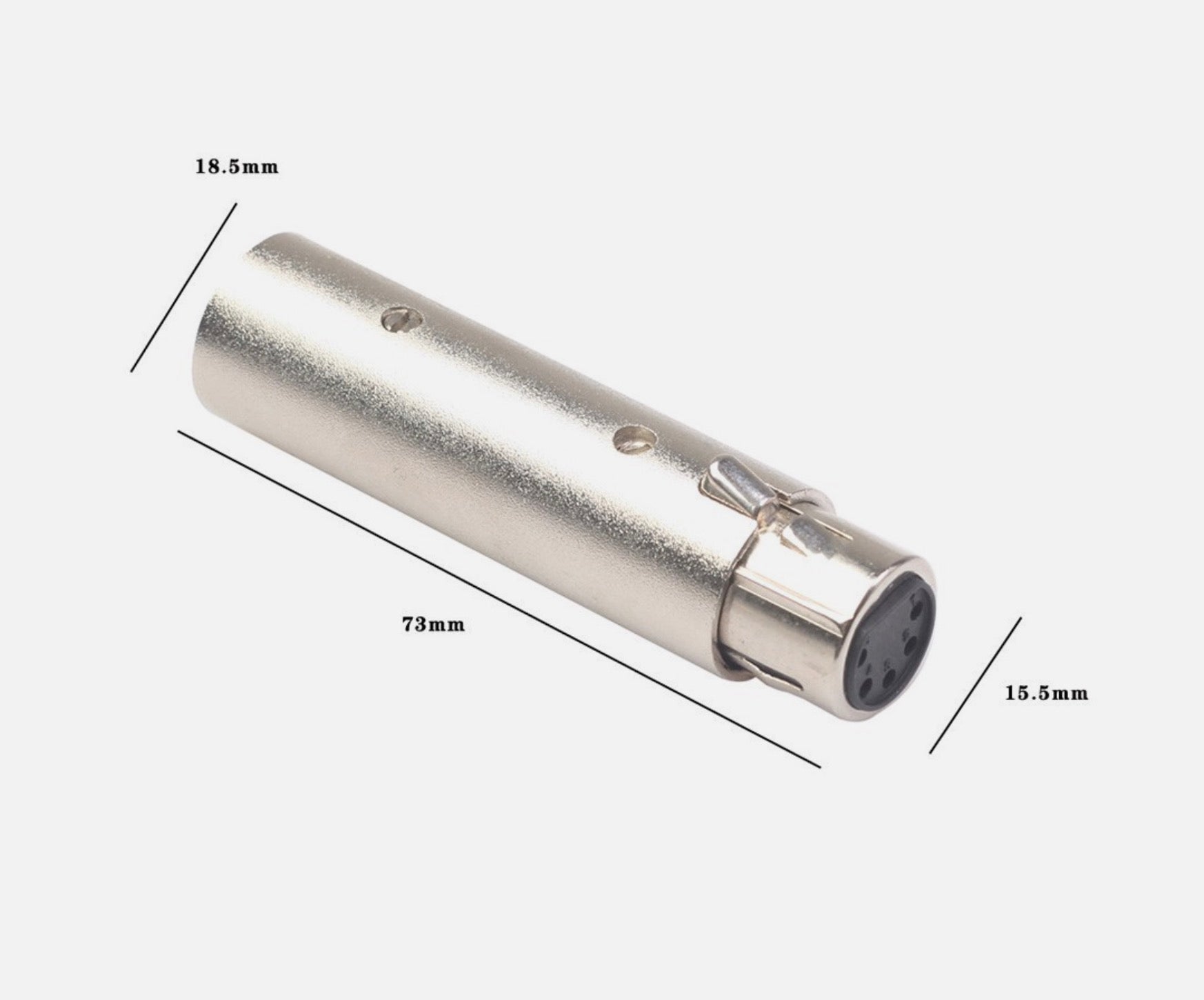 Metallic cylindrical component with measurements on a white background