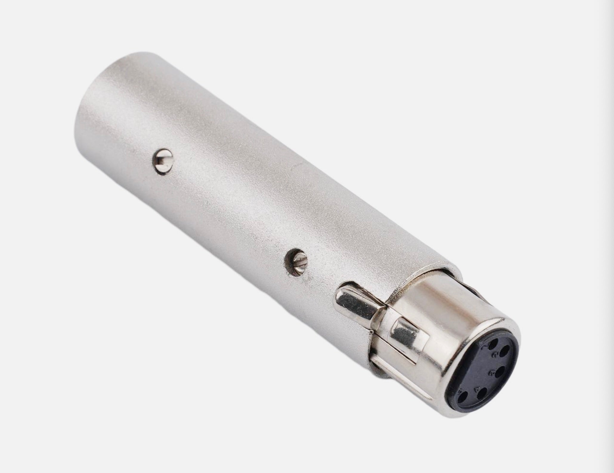 Metallic audio connector on a white background