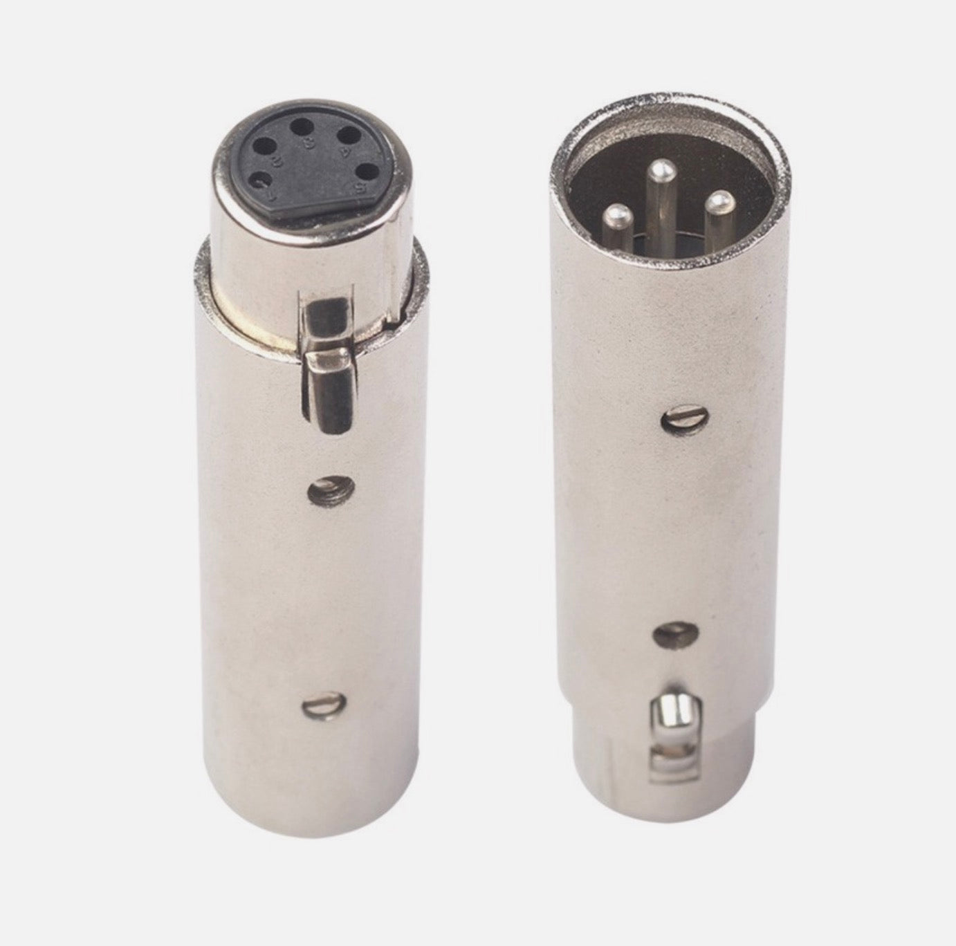 Two metallic cylindrical connectors on a white background