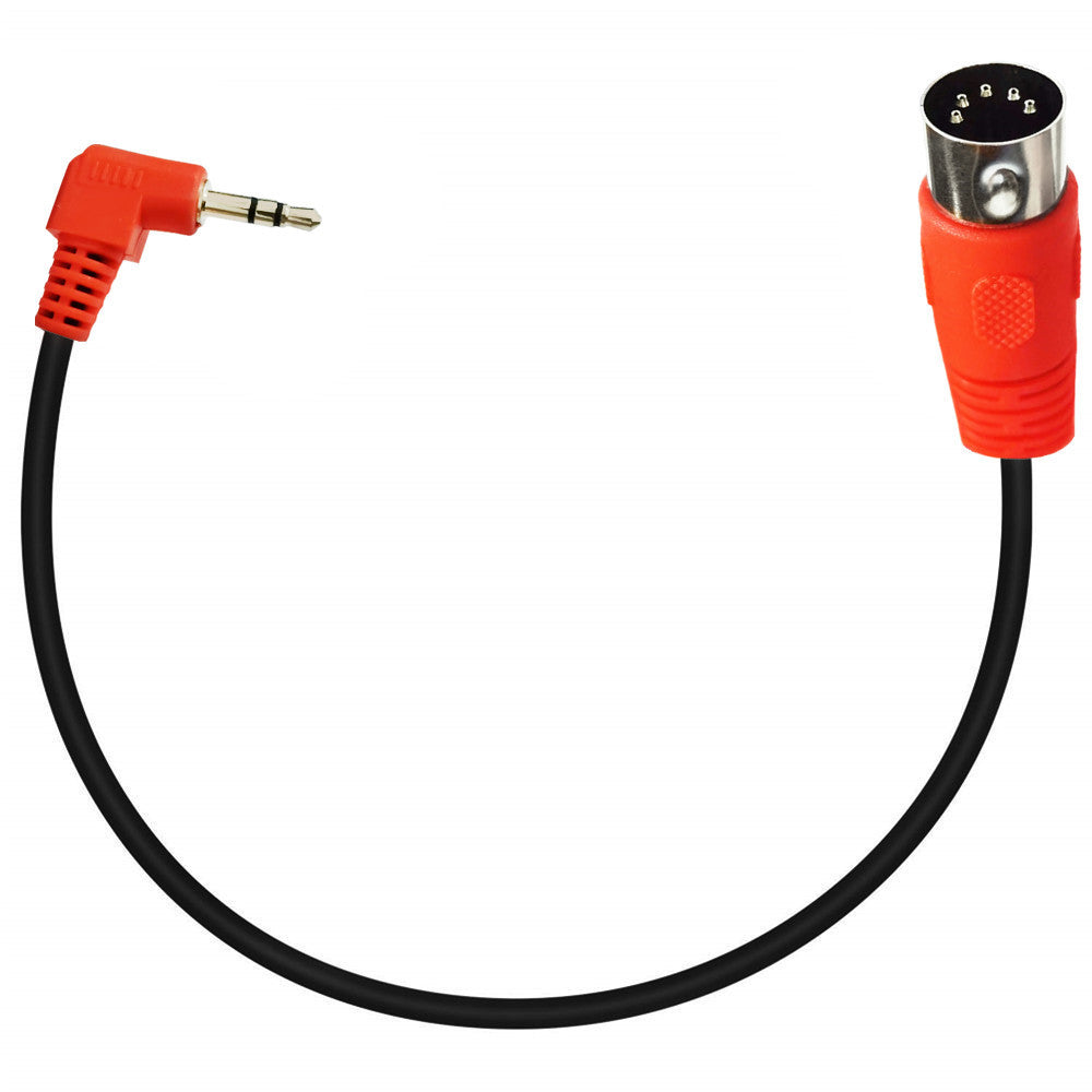 close up of 5 pin DIN connector with red housing