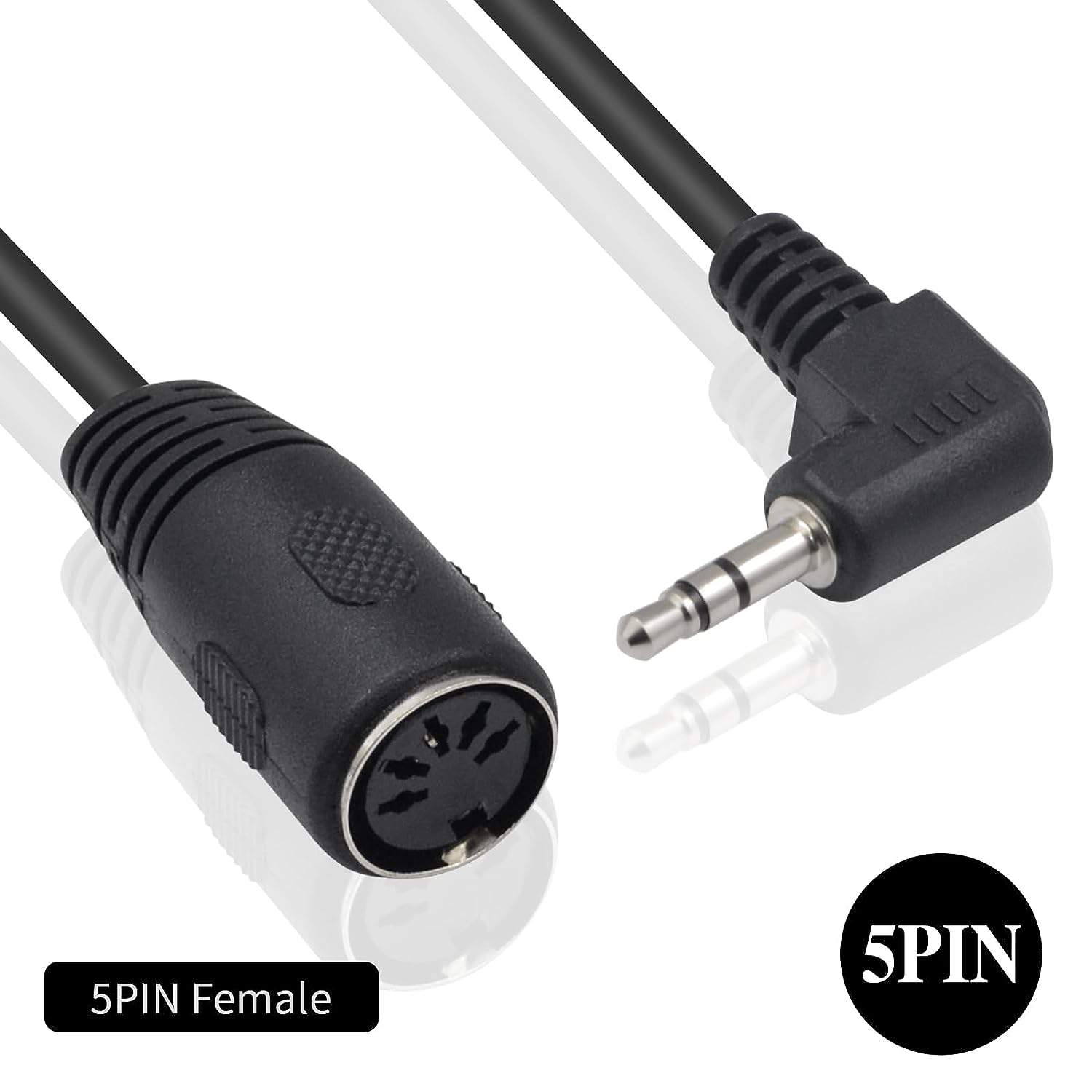 Close-up of 5 Pin DIN female connector and 3.5mm TRS stereo male audio plug