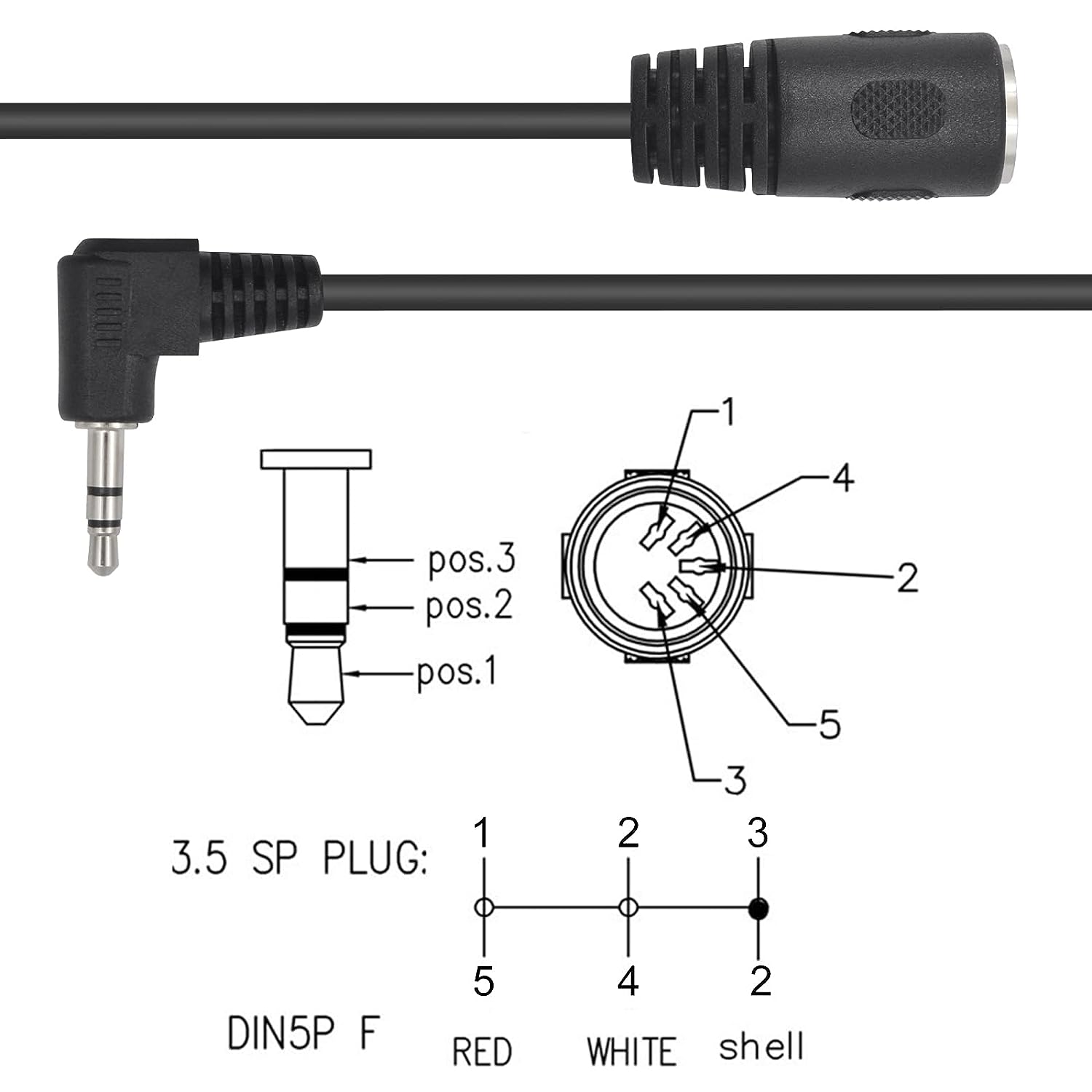 5 Pin DIN female to 3.5mm TRS stereo male audio cable with pinout and connector dimension reference