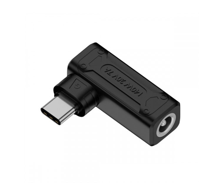 A black USB-C angled male laptop power plug charging adapter with a 5.5 x 2.1mm input.