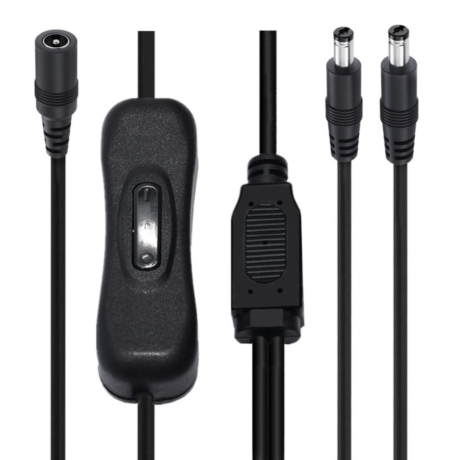 A black DC charging cable with a switch, featuring 5.5mm x 2.5mm connectors and a Y-splitter in the middle.