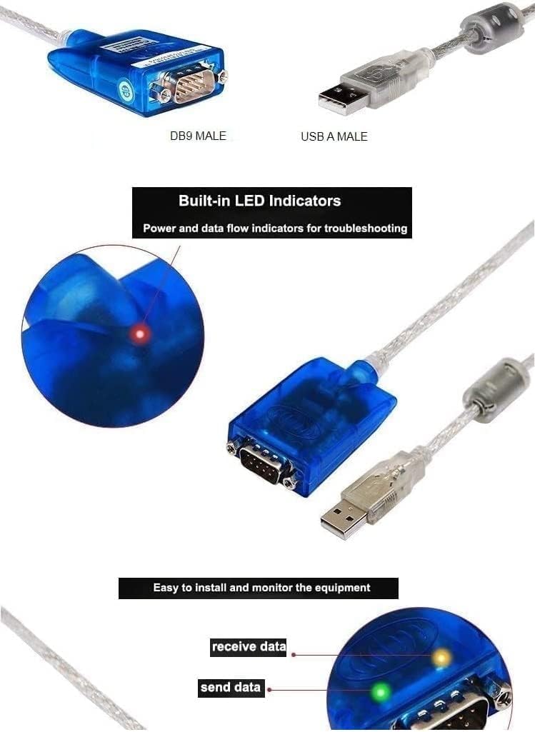 USB to RS232 Serial Adapter Cable DB9 Male USB 2.0 1.5m