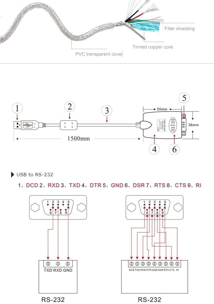 USB to RS232 Serial Adapter Cable DB9 Male USB 2.0 1.5m