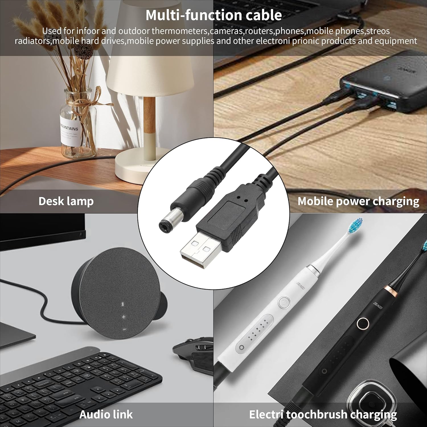 Multi-function cable used for various electronic devices on a desk.