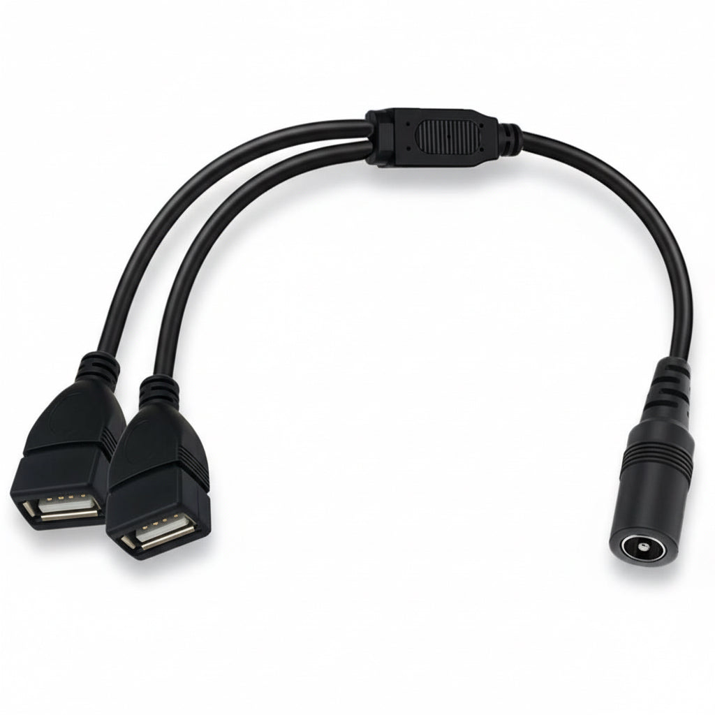 5525 DC power splitter cable, 0.3m length, one female to dual male outputs
