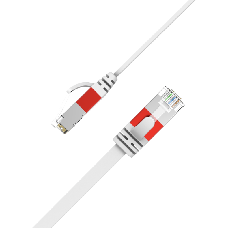 White Ethernet cable with red and silver connectors on a white background