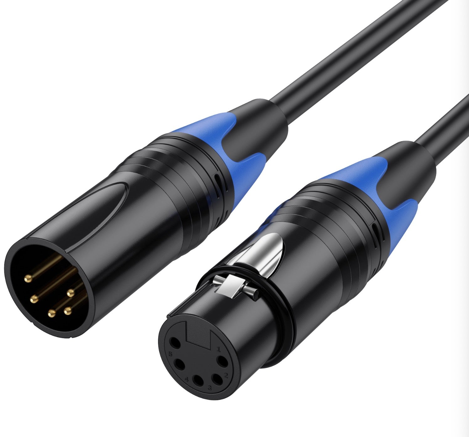 5 pin XLR male and female DMX512 connectors showing professional cable construction