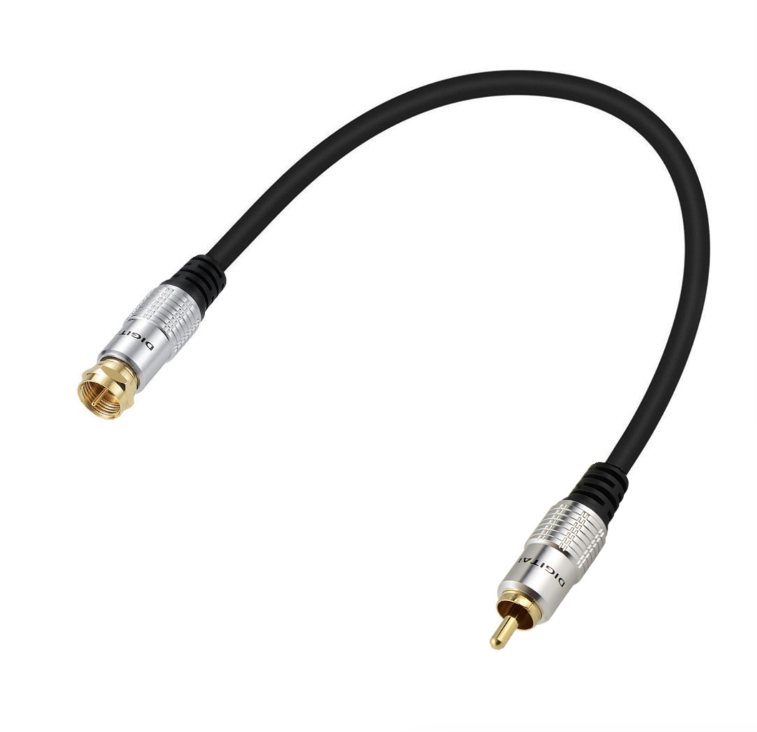 RCA audio cable with gold and silver connectors on a white background