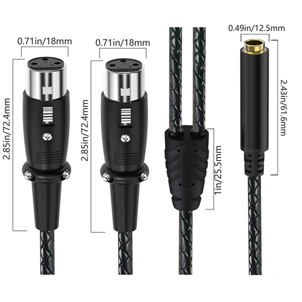 Black audio cable with XLR connectors and a 3.5mm jack, shown with dimension callouts for plug size, cable length, and connector spacing on a white background.