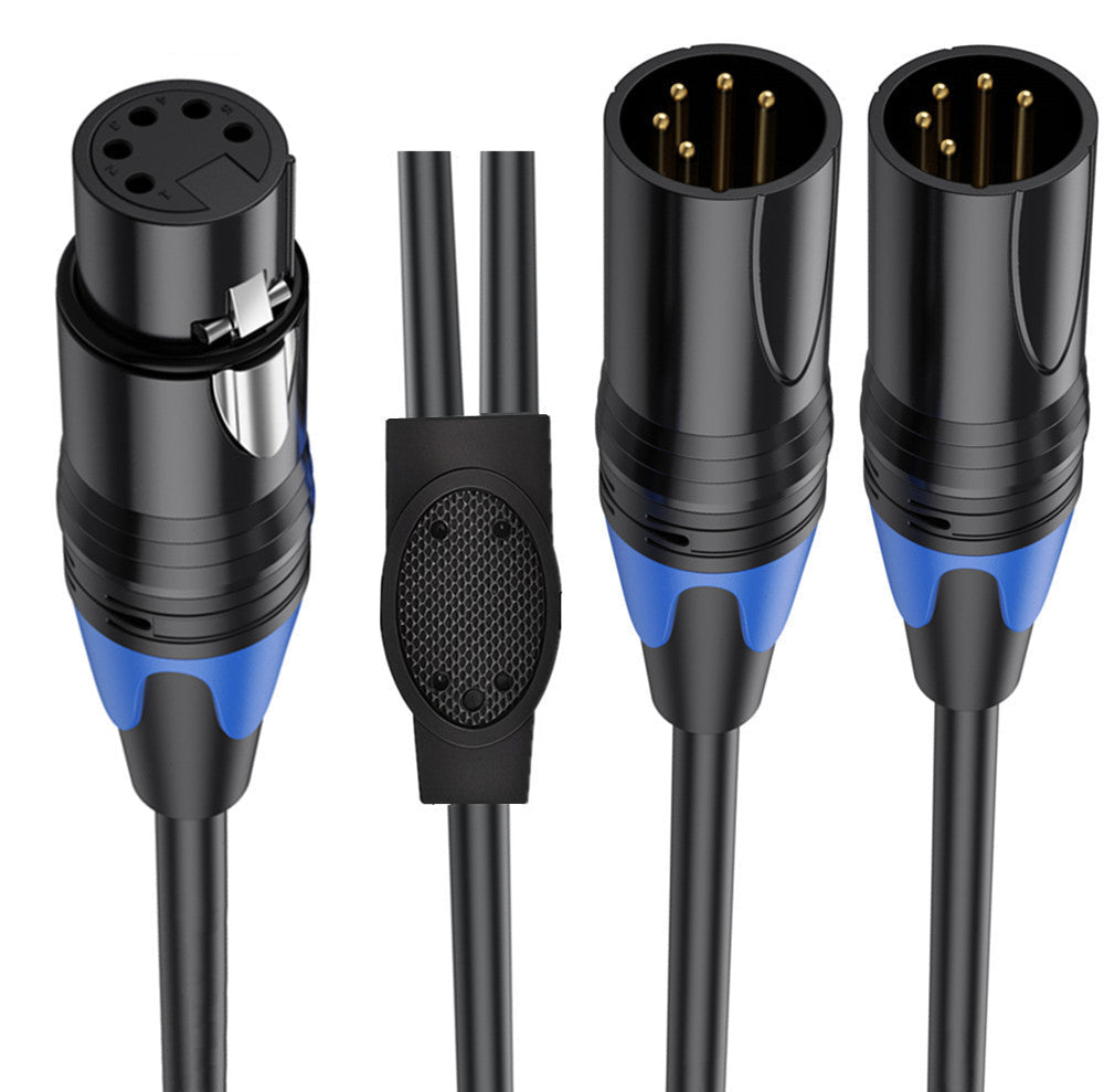 Close-up of 5 pin XLR male connectors with gold pins and locking design