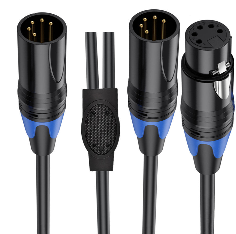 Close-up of 5 pin XLR male and female connectors with locking latch and metal housing