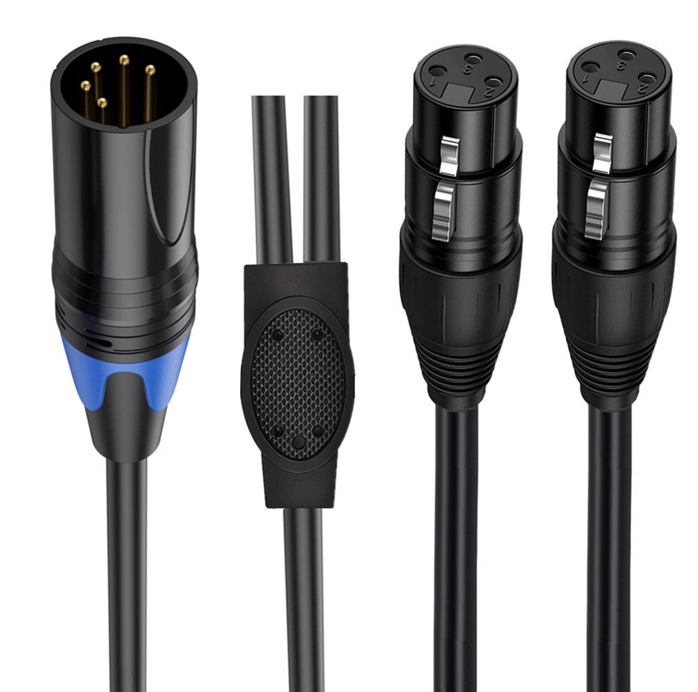 Close-up of 5 pin XLR male and dual 3 pin XLR female connectors with locking latch