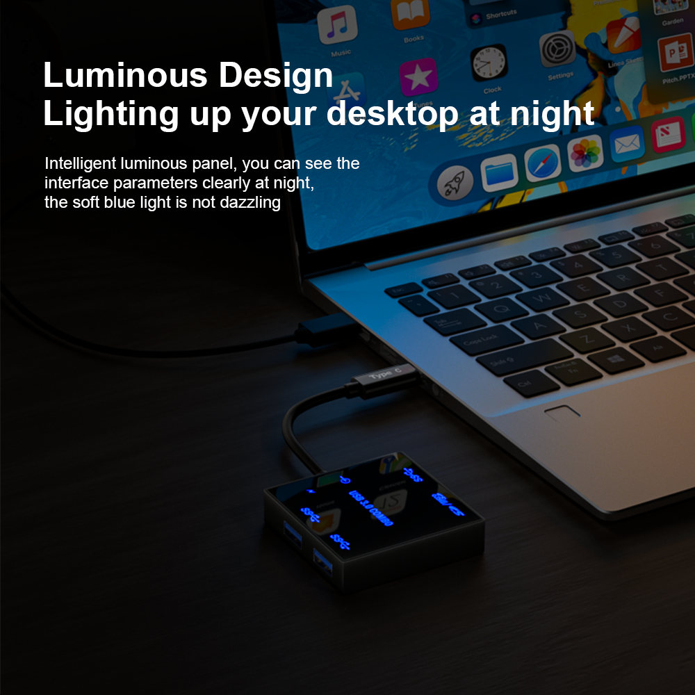 USB 3.0 Hub Docking Station – Portable Luminous Type-C Adapter with 5Gbps Transfer, USB-A, SD/TF & DC-IN Ports