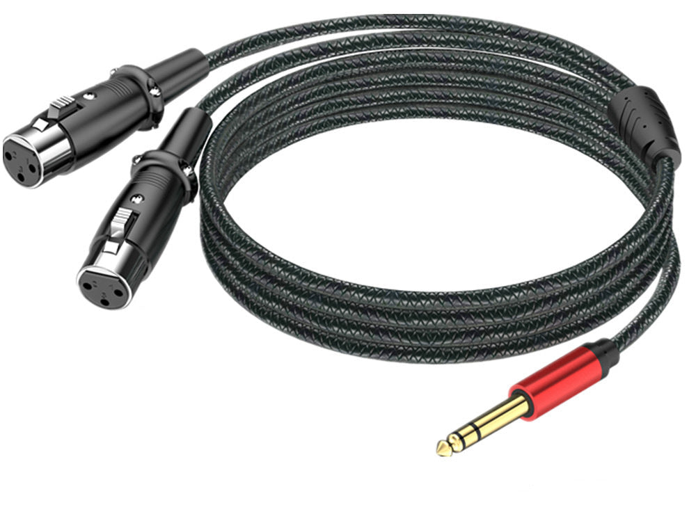 Black braided audio cable with XLR connectors and a red-and-gold 3.5mm jack, shown on a white background with size labels (0.