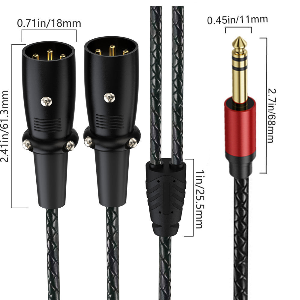 Black audio adapter cable with a 3-pin XLR connector on the left, a 3.5mm jack on the right, and dimension callouts in millimeters and inches.