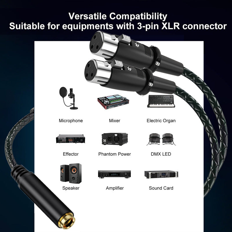 A 3-pin XLR adapter cable with a multi-connector plug, shown on a dark blue background with text stating 'Versatile Compatibility Suitable for equipments with 3-pin XLR connector.' A white panel below shows compatible devices including a microphone, mixer, electric organ, effector, phantom power, DMX LED, speakers, amplifier, and sound card.