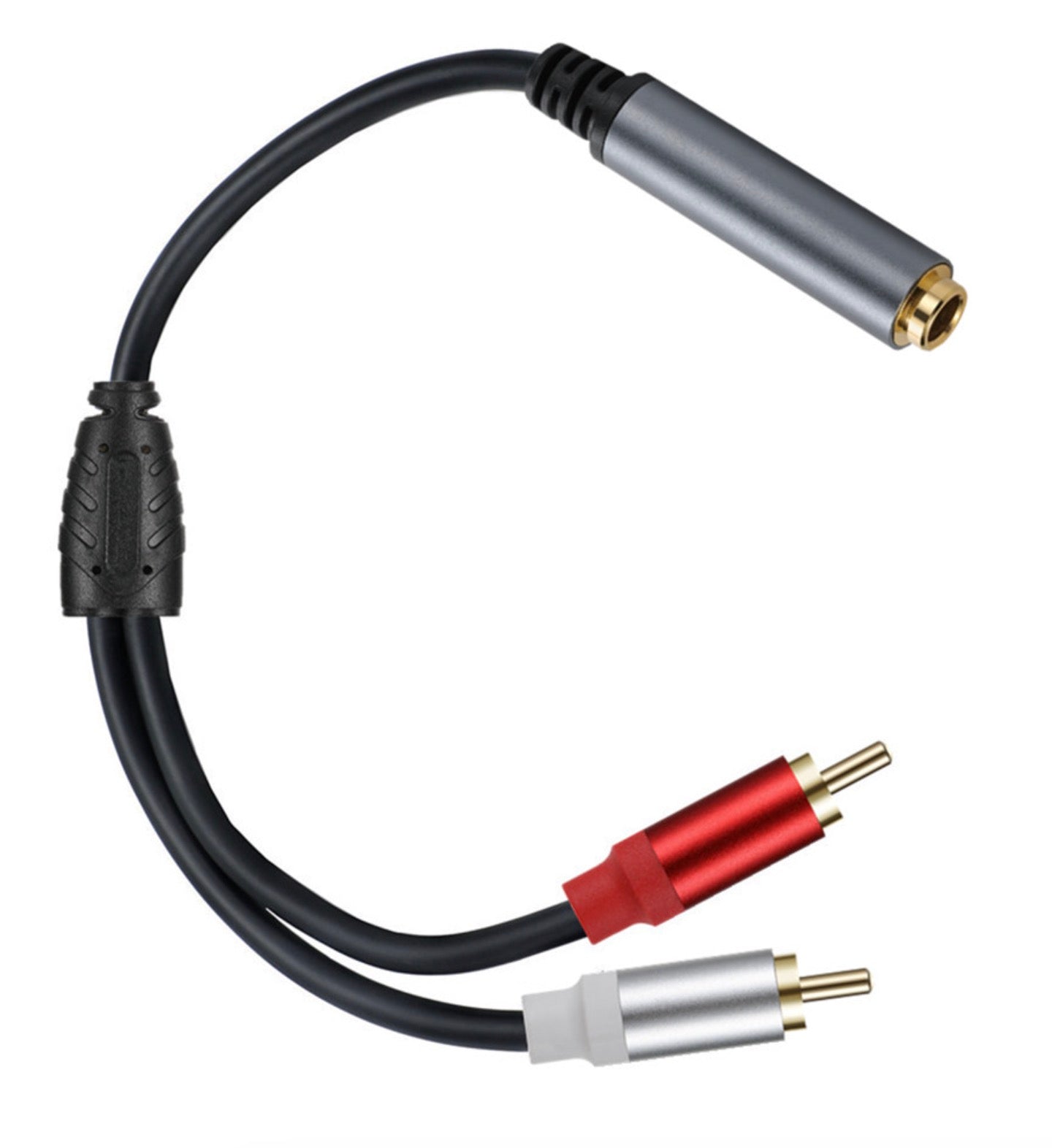 Angled view of 6.35mm female stereo jack to dual RCA male audio Y splitter cable
