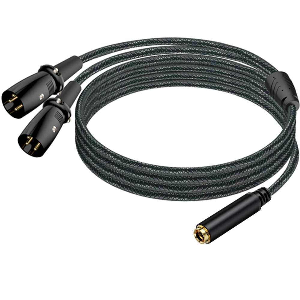 A black braided audio adapter cable with three XLR connectors and one gold-plated jack plug, shown on a solid white background.