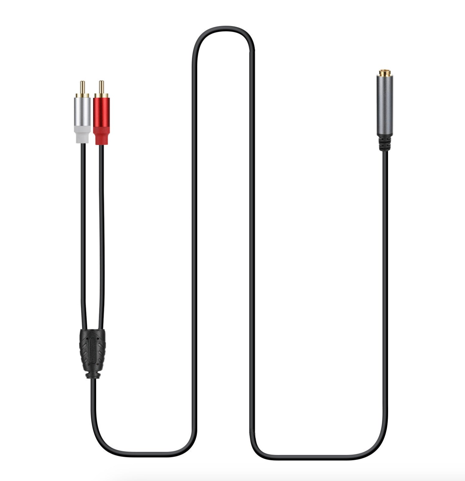 6.35mm female and dual RCA male connector size comparison and cable configuration diagram