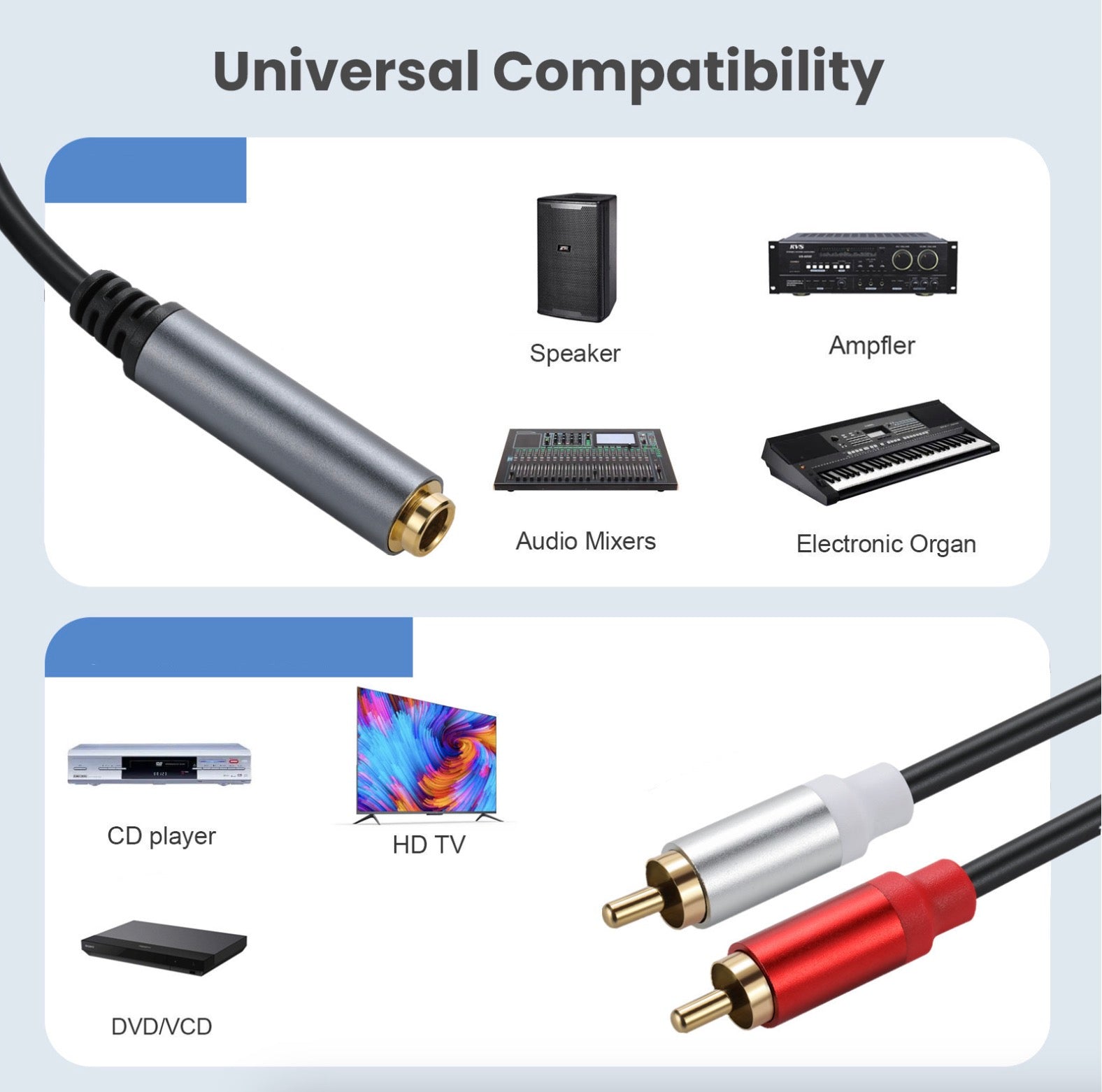 6.35mm female jack to dual RCA phono male stereo audio Y splitter cable available in 0.3m, 1.8m and 3m lengths for home and professional audio systems