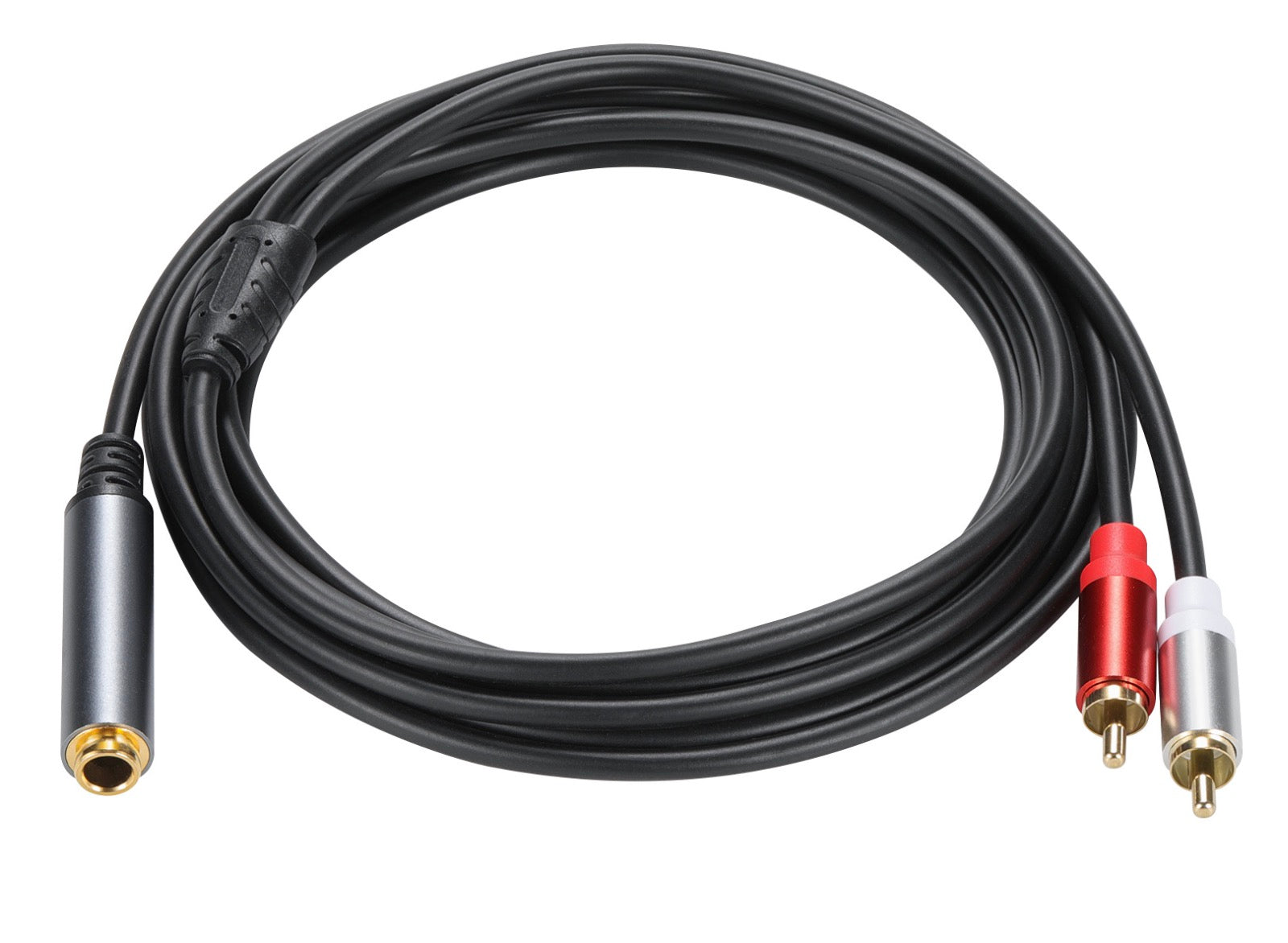 6.35mm female jack to dual RCA phono male stereo audio Y splitter cable with black cable jacket