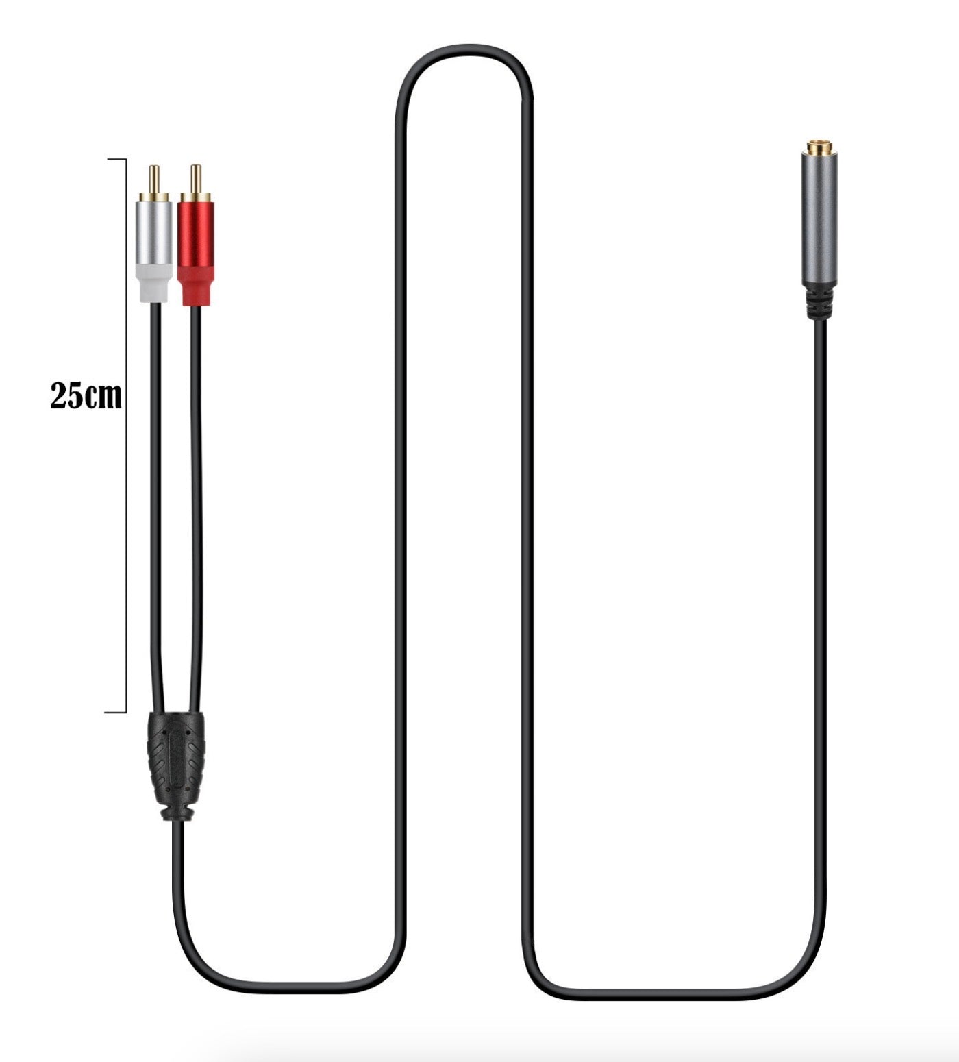 Professional audio adapter cable with 6.35mm female stereo jack and dual RCA phono male connectors