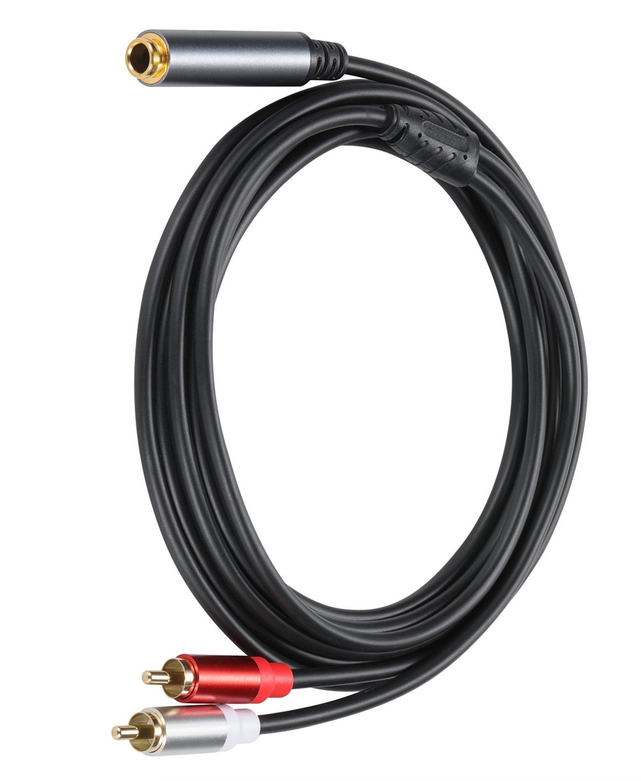 Coiled 6.35mm female to dual RCA phono male stereo audio cable for audio equipment connections