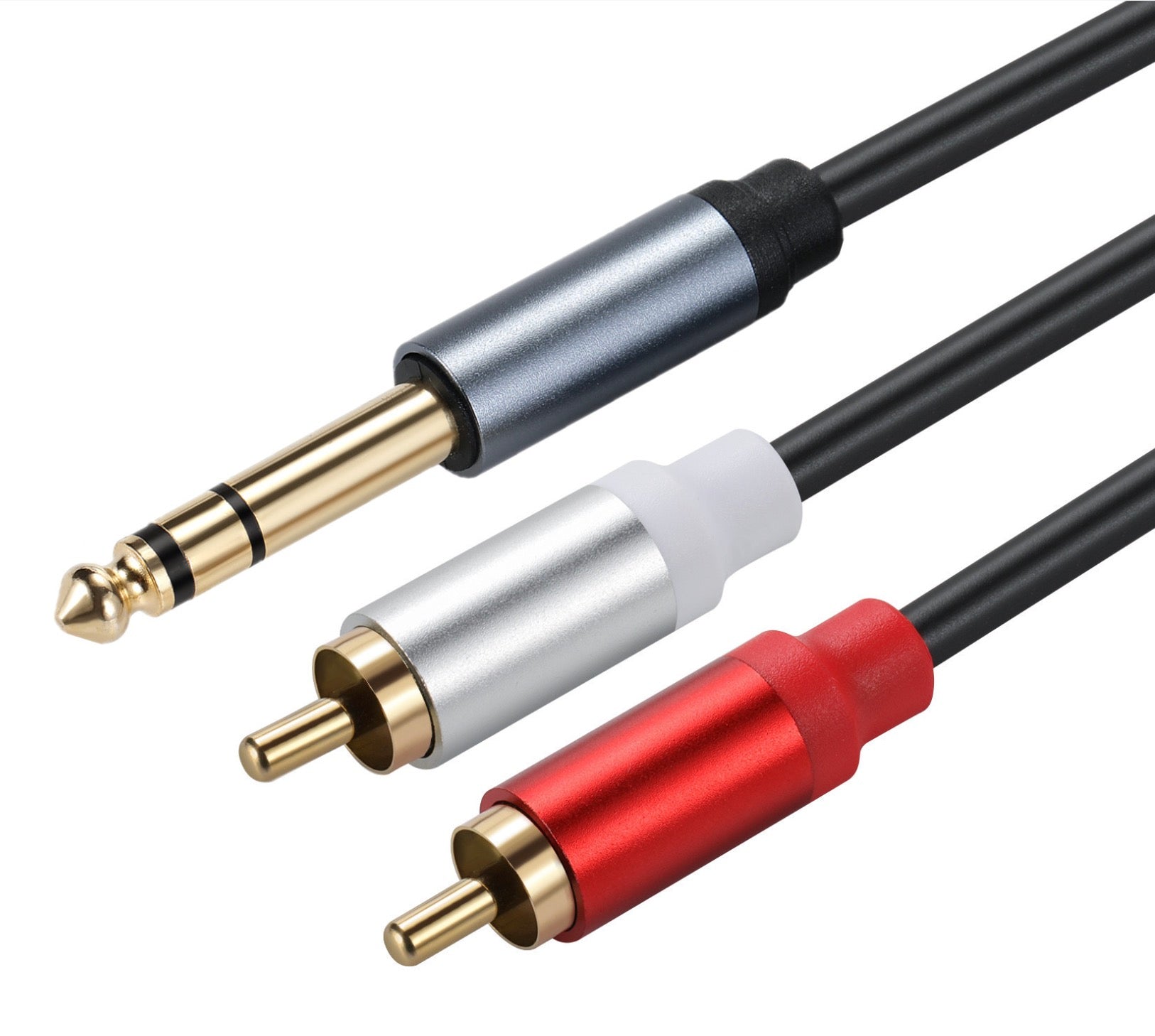 Close-up view of 6.35mm male stereo jack and dual RCA phono male audio connectors