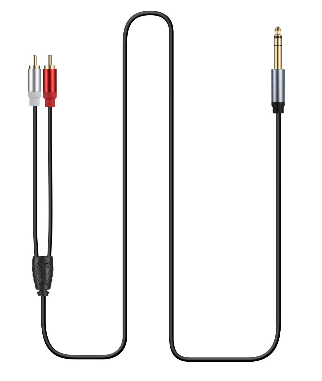 6.35mm male stereo jack to dual RCA male audio cable showing connector profile and dimensions
