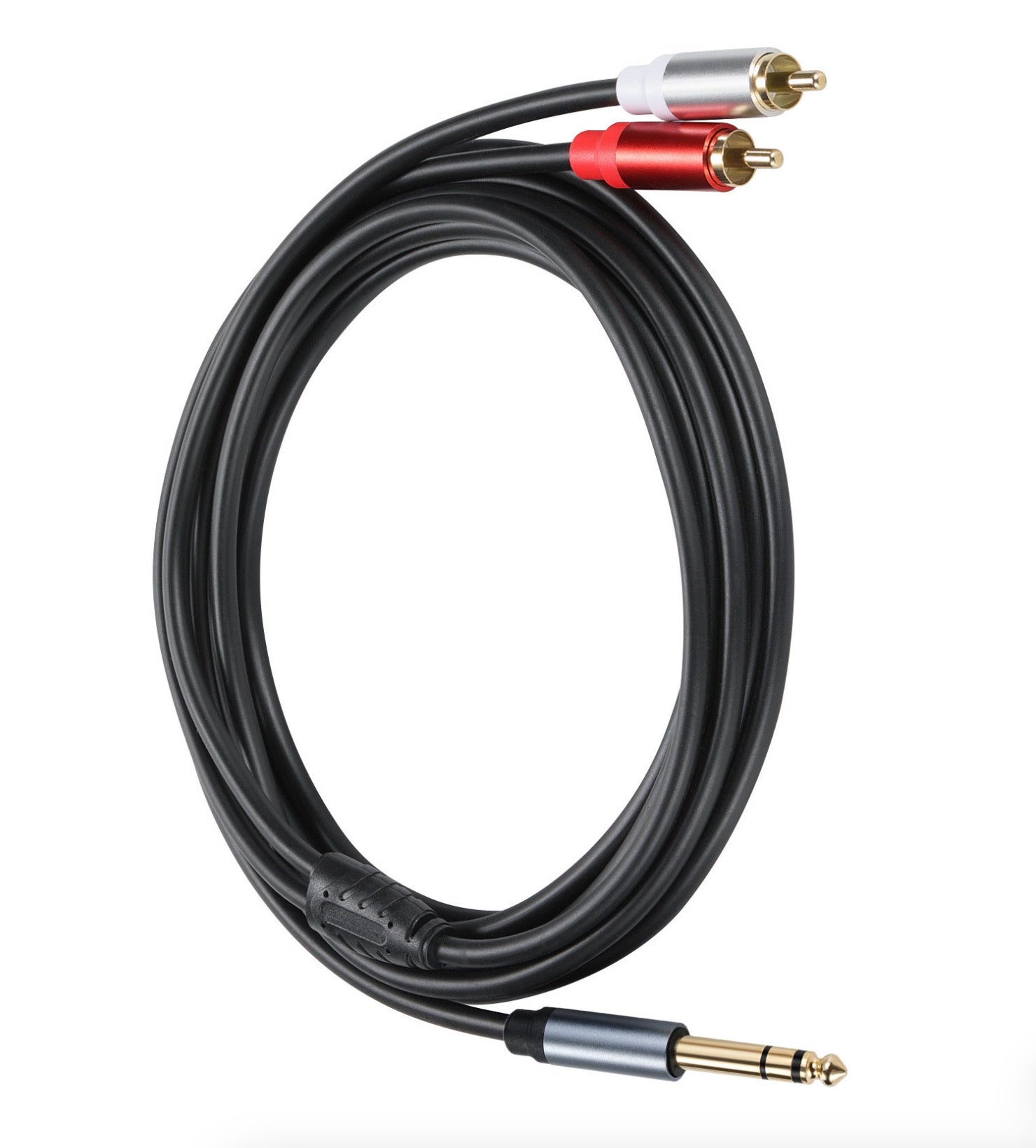 Coiled 6.35mm male to dual RCA phono stereo audio cable for amplifiers and audio equipment