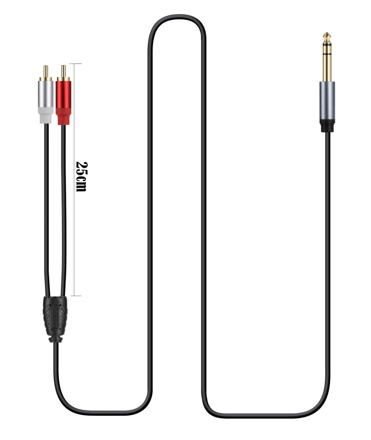 Comparison view of 6.35mm male jack and RCA phono male connectors on stereo audio cable