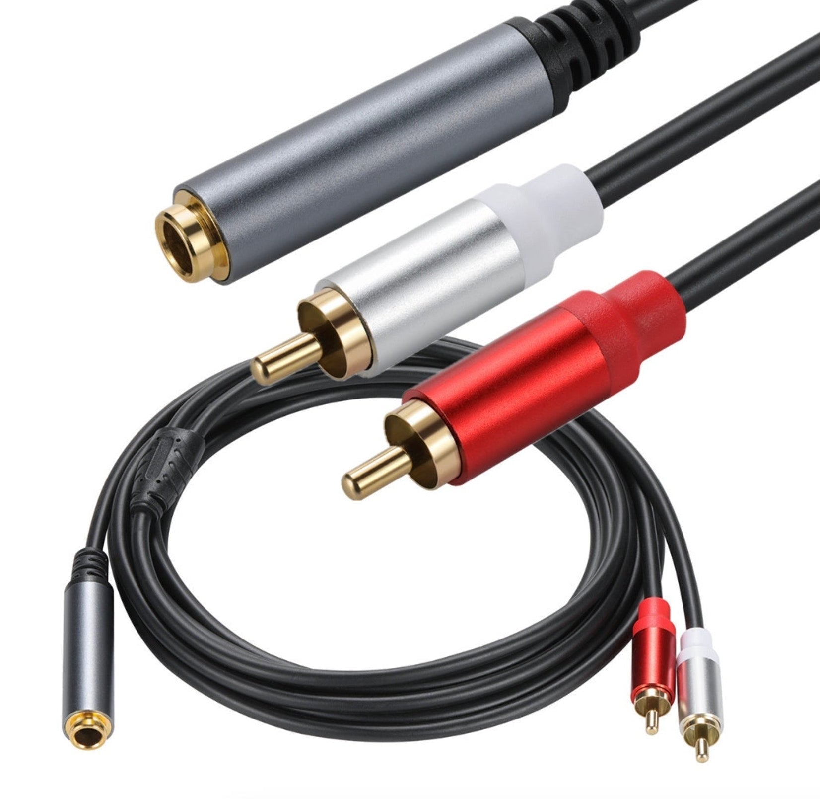Detailed view of RCA phono connectors and 6.35mm female stereo jack audio adapter cable