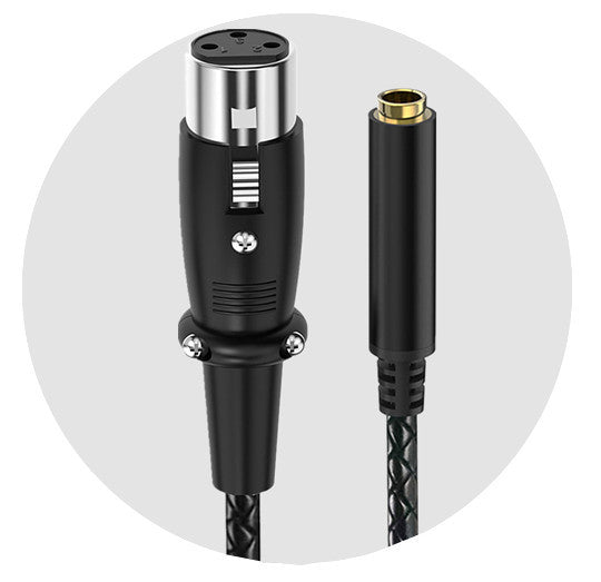 Black audio cable with a XLR connector on one end and a gold-plated 3.5mm jack on the other, shown against a light gray circular background.