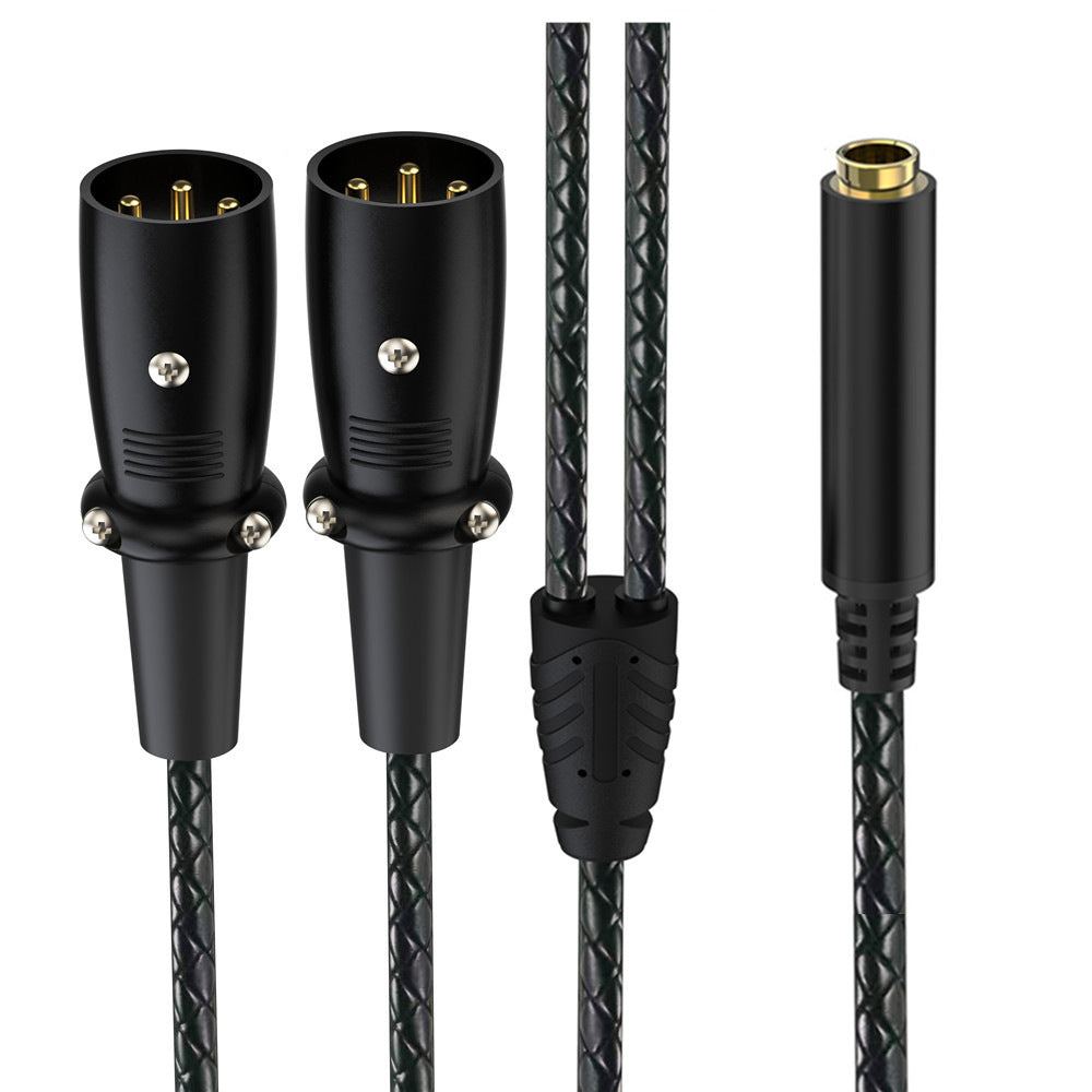 Black audio cable with XLR connectors and a gold-plated TRS connector, shown on a white background.
